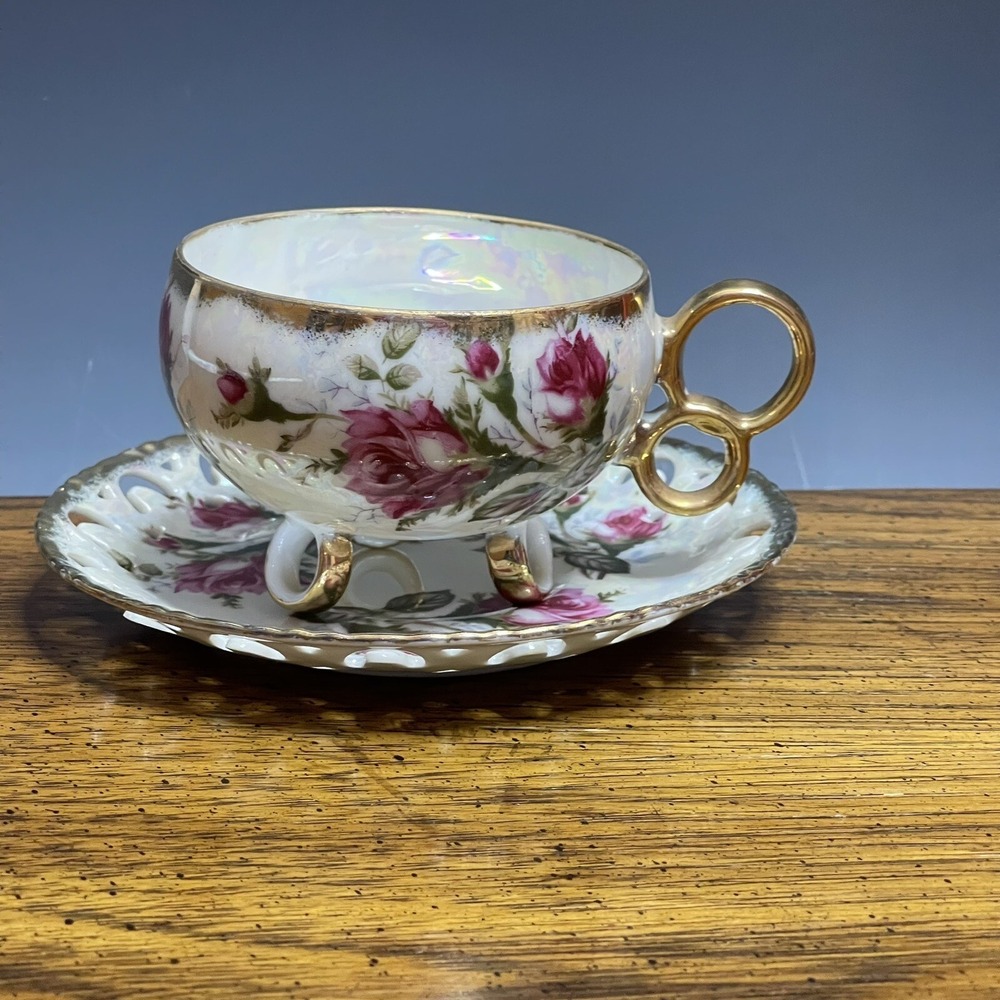 Vintage Royal Sealy China Three Ring Footed Cup &‎ Saucer Iridescent Gold Roses